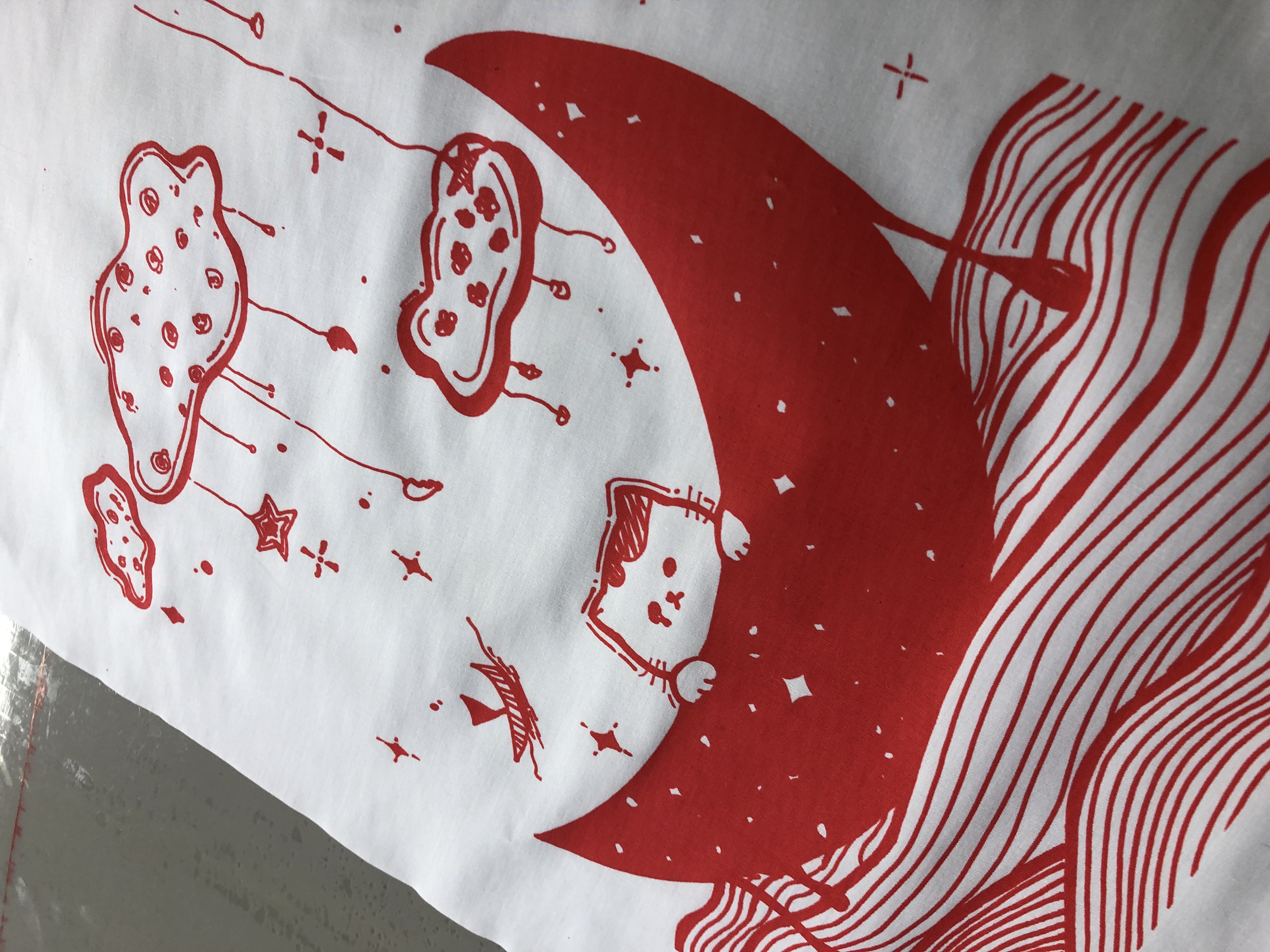自分で描いたイラストを使って、生地にプリントしました。これからTシャツや様々な製品にプリントすることで、オリジナル製品を作ることが出来ます。