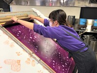 大きなプリント生地を制作しています。テキスタイル制作に必要な設備が整っています。この設備を使って世界に1枚だけのテキスタイルを制作してください。学校では制作した生地を使って、傘を制作しています。世界に１つだけのオリジナル傘を作ってみませんか。9:00－21:00まで授業時間以外も使用できます。